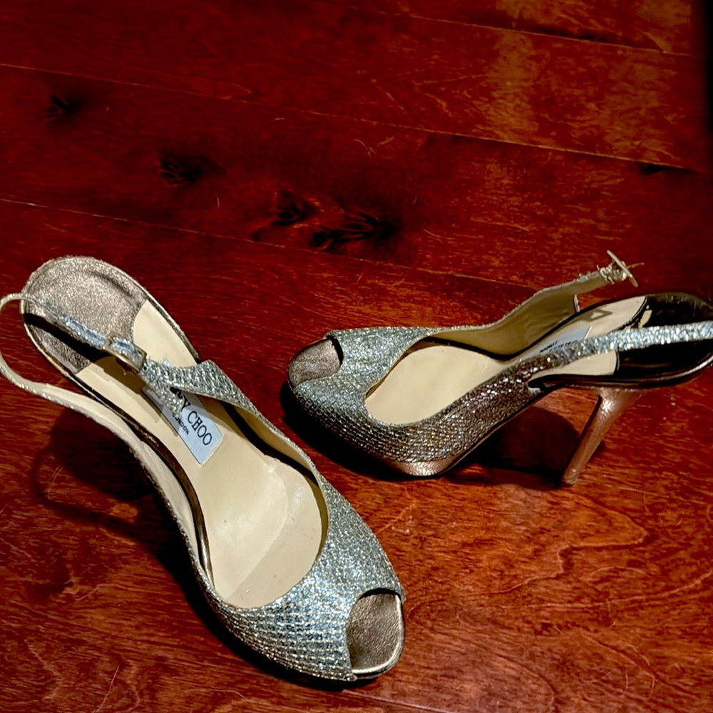 Jimmy Choo Champagne Glitter Fabric Peep Toe Slingback Platform Pump 39 EU 8.5